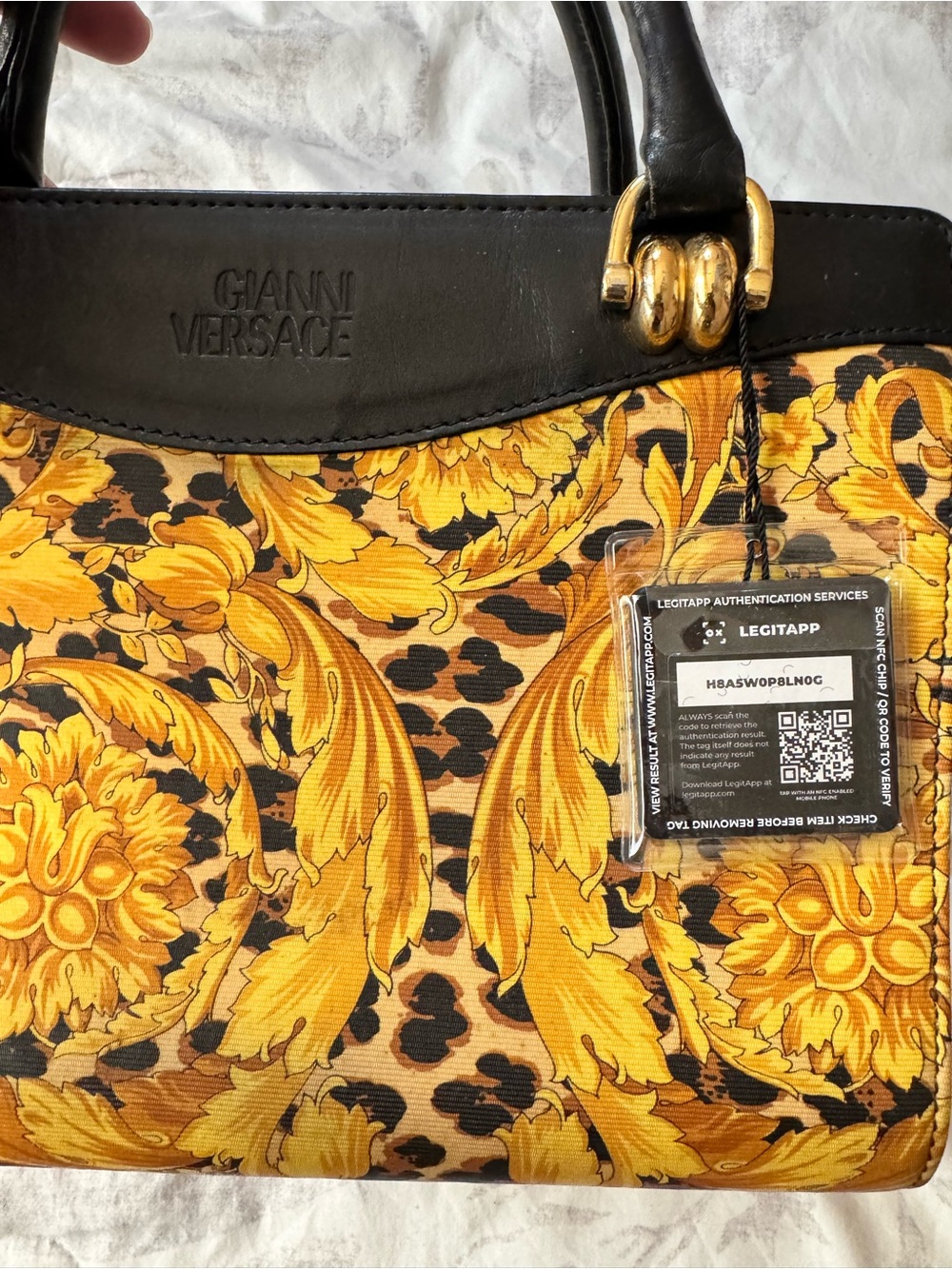 Versace Yellow Baroque & Leopard Print Satchel with Black Handle - Picture 2 of 13